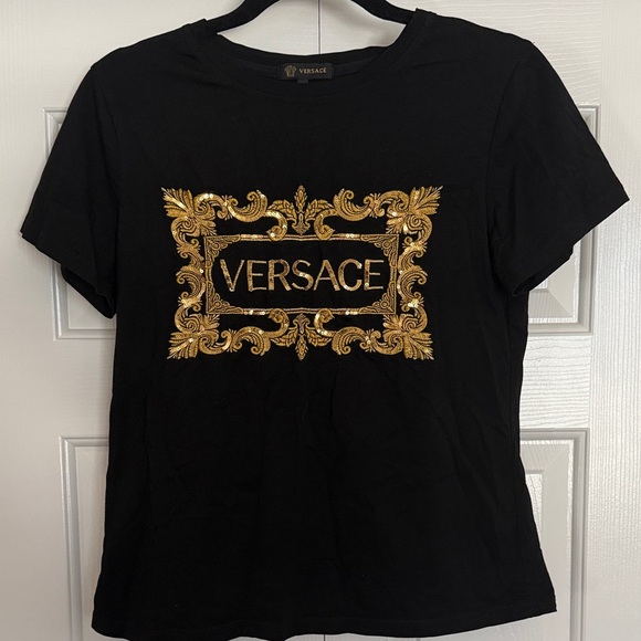 Versace Tops - Versace Ornate Embroidered Sequin Black and Gold Logo Tee